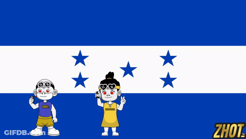 Boy And Girl Standing Before Blue And White Flag Saying Zhot GIF