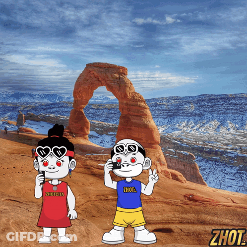 Boy And Girl Standing In Front Of Rock Formation Saying Zhout GIF