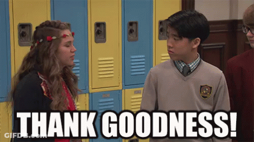 Boy And Girl Standing In Front Of School Lockers Saying Thank Goodness GIF