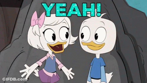 Boy And Girl Standing With Yeah Above GIF