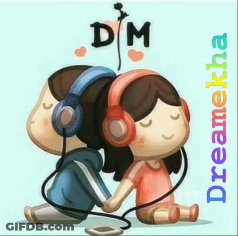 Boy And Girl Wearing Headphones With Letters D And M GIF