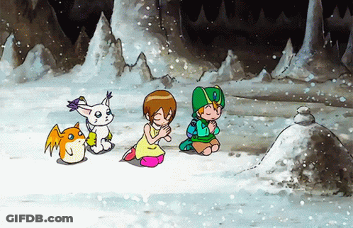 Boy And Girls Kneeling In Snow With Snowman GIF