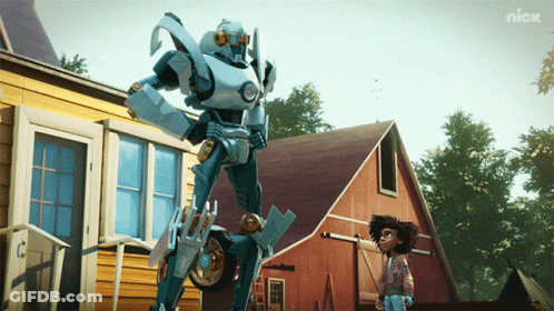Boy And Robot In Front Of Nick Building GIF