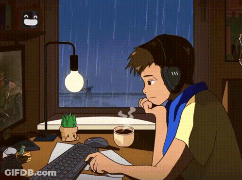 Boy At Computer Desk With Headphones Coffee GIF