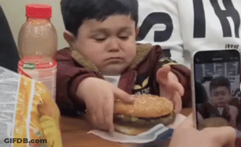 Boy Eating Hamburger Taking Photo GIF