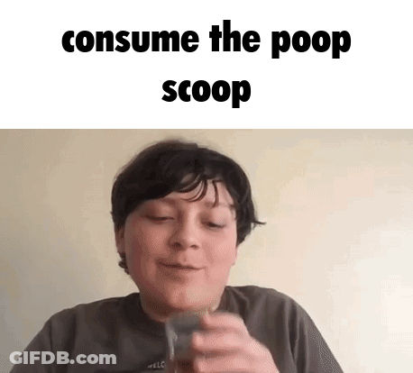 Boy Eating Scoop Of Poop Looking At Camera GIF