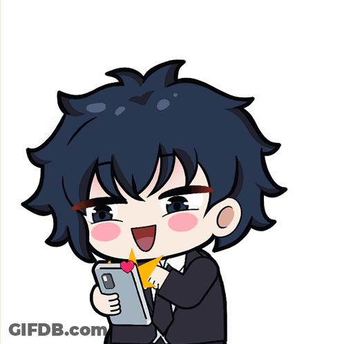Boy Holding Cell Phone With Hearts Behind GIF