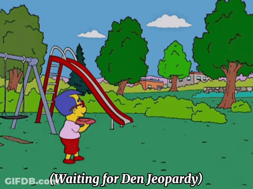 Boy Holding Frisbee Near Slide With Waiting For Den Jeopardy GIF