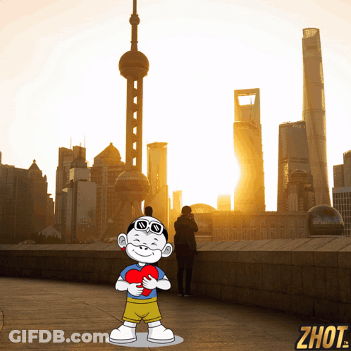 Boy Holding Heart At City Skyline Zhout GIF