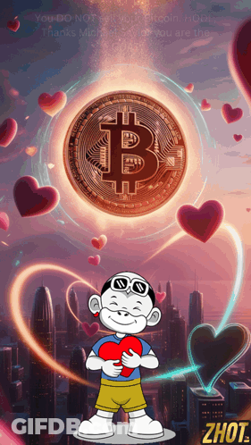 Boy Holding Heart In Front Of Bitcoin GIF