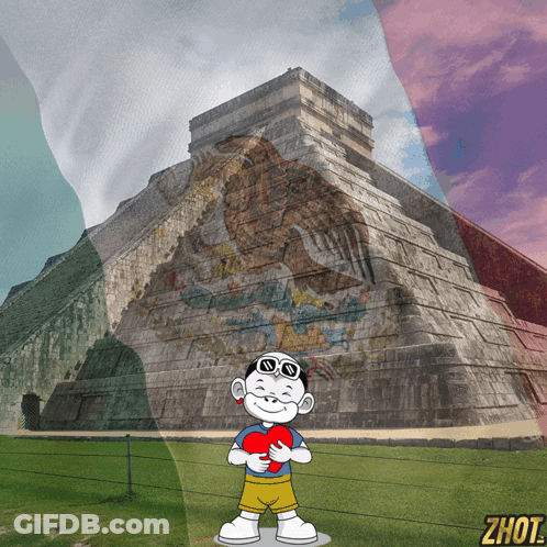 Boy Holding Heart In Front Of Pyramid With Zhot Logo GIF