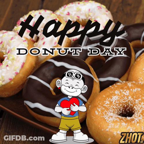 Boy Holding Heart Surrounded By Donuts Happy Donut Day GIF