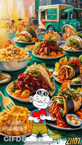 Boy Holding Heart Surrounded By Food GIF