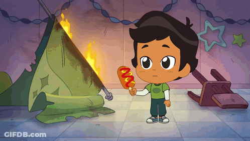 Boy Holding Hot Dog In Front Of Tent On Fire GIF
