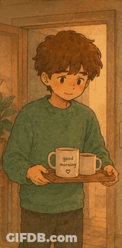 Boy Holding Tray With Good Morning Coffee Mug GIF