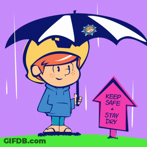 Boy Holding Umbrella Beside Keep Safe Stay Dry Sign GIF