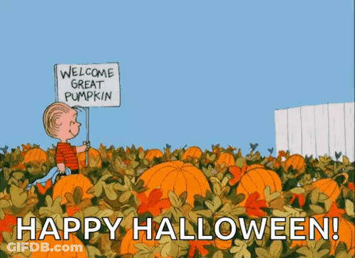 Boy Holding Welcome Great Pumpkin Sign GIF