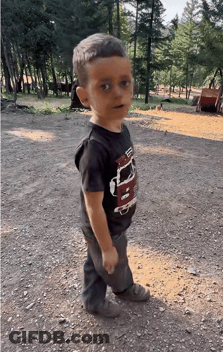 Boy In Black Shirt With Truck Standing In Dirt GIF