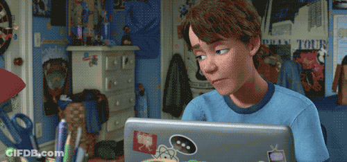 Boy In Blue Shirt Using Laptop With Play Tour Poster GIF