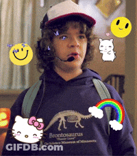 Boy In Brontosaurus Sweatshirt With Hello Kitty And Rainbow GIF