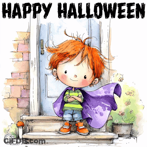 Boy In Cape Standing In Front Of Door Saying Happy Halloween GIF