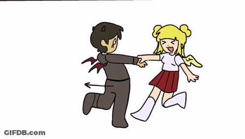 Boy In Devil Costume Holding Girl With Wings GIF