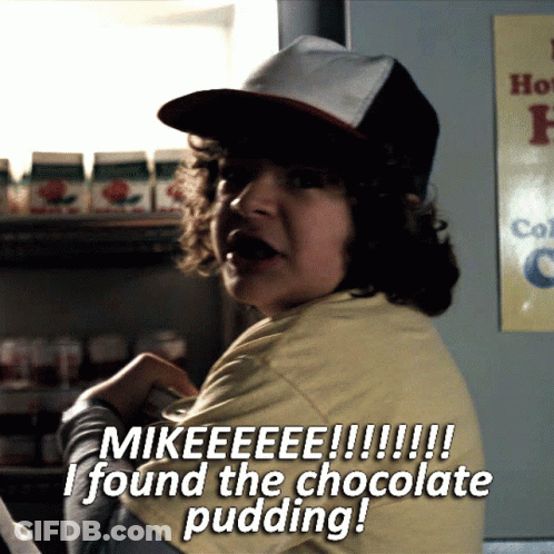 Boy In Hat And Yellow Shirt Says Mikeeee I Found The Chocolate Pudding GIF