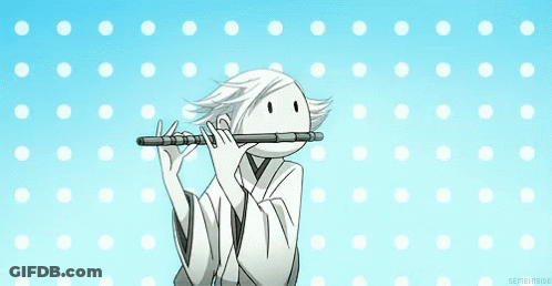 Boy In Kimono Playing Flute On Blue Polka Dot Background GIF