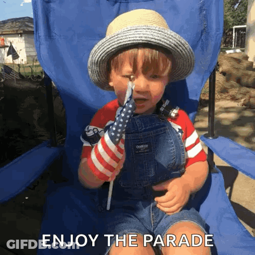 Boy In Overalls Holding American Flag GIF