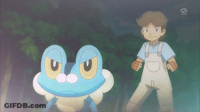 Boy In Overalls Next To Blue Frog With TV Channel GIF