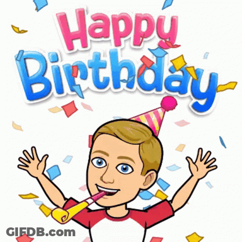 Boy In Party Hat Blowing Party Horn Saying Happy Birthday GIF