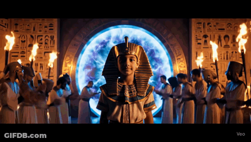 Boy In Pharaoh Costume With Flaming Torches GIF