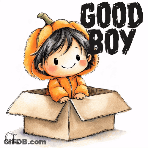 Boy In Pumpkin Costume In Box Saying Good Boy GIF