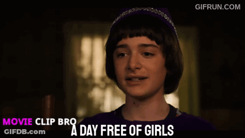 Boy In Purple Shirt And Headband Saying A Day Free Of Girls GIF