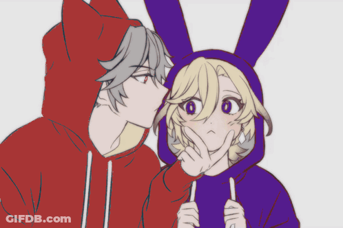 Boy In Red Hoodie Kissing Boy In Purple Bunny Hood GIF