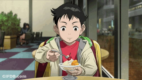 Boy In Red Shirt Eating Ice Cream With Cherry GIF