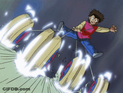 Boy In Red Shirt Flying Through Air Holding Rope GIF