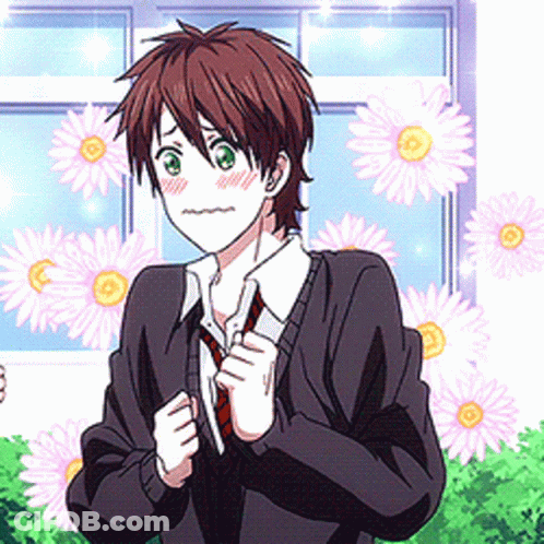 Boy In School Uniform Standing In Front Of Flowers GIF