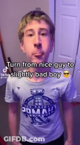Boy In Shirt Saying Turn From Nice Guy To Slightly Bad Boy GIF