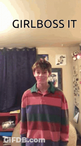 Boy In Striped Shirt In Front Of Girl Boss Sign GIF