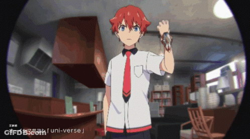 Boy In White Shirt And Red Tie With Uni-Verse Sign GIF