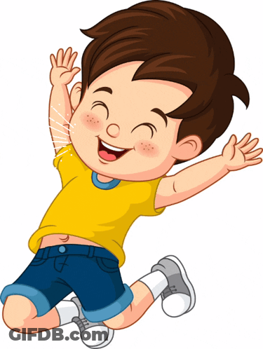 Boy In Yellow Shirt And Blue Shorts Jumping With Arms Outstretched GIF