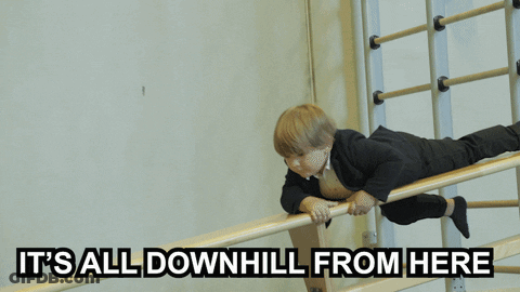 Boy Laying On Bar Saying It's All Downhill From Here GIF