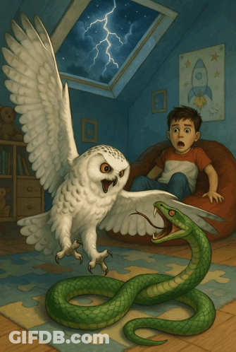 Boy On Bean Bag Chair With Owl And Snake GIF