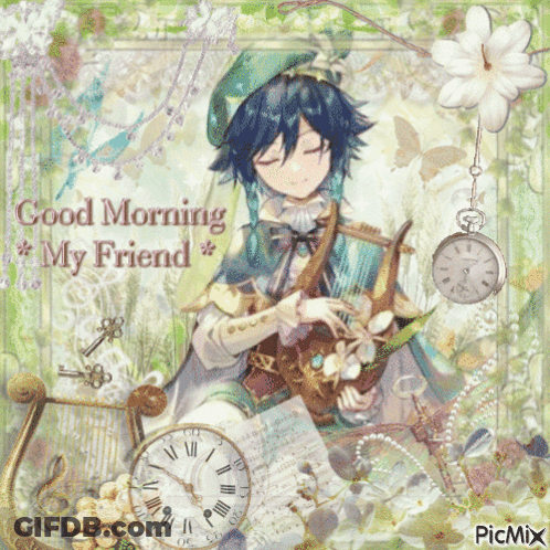 Boy Playing Harp Saying Good Morning My Friend GIF