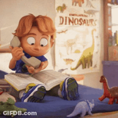 Boy Reading Book And Phoning Beside Dinosaurs Poster GIF