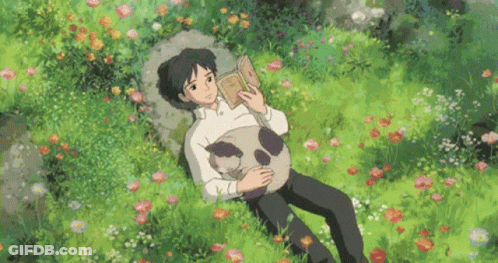 Boy Reading Book In Grass With Cat GIF