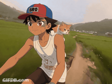 Boy Riding Bike With Cat On Back And Hat Saying Bro GIF