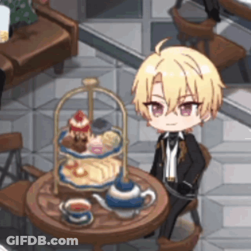 Boy Sitting At Table With Teapot And Desserts GIF