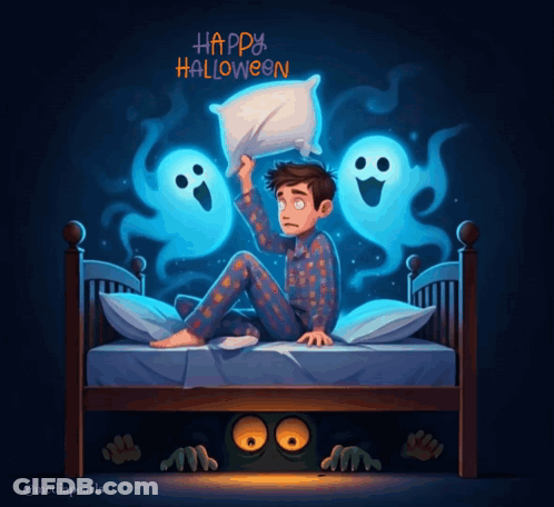 Boy Sitting In Bed With Ghosts Happy Halloween GIF